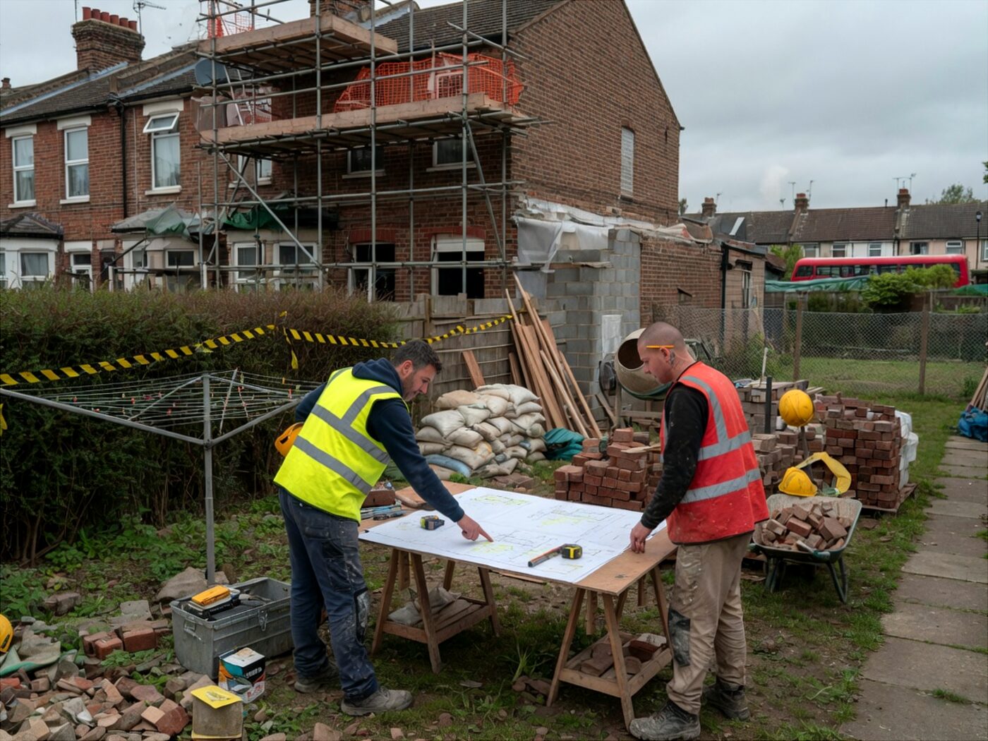Two builders in hi-vis reviewing drawings on trestles beside a scaffolded brick house