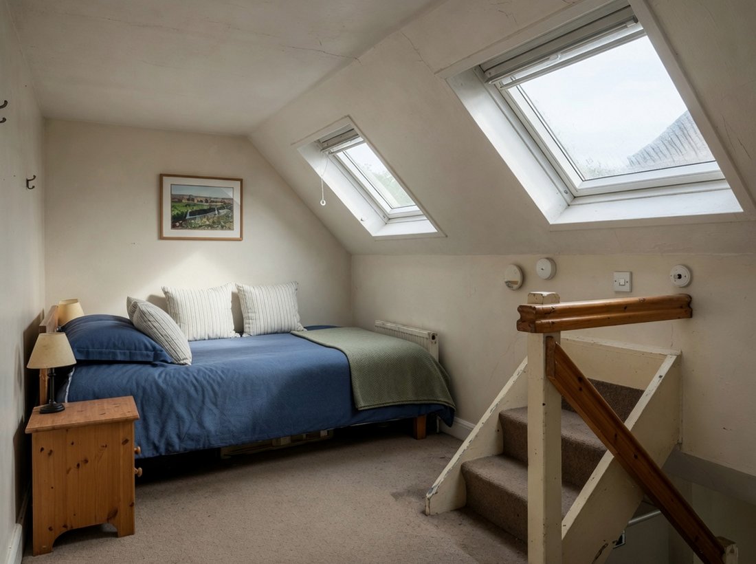 Loft bedroom with sloped ceiling, two roof windows and stairs